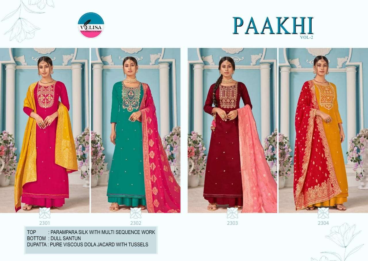 PAAKHI VOL-2 BY VELISA 2301 TO 2304 SERIES BEAUTIFUL SHARARA SUITS COLORFUL STYLISH FANCY CASUAL WEAR & ETHNIC WEAR JAM SILK DRESSES AT WHOLESALE PRICE