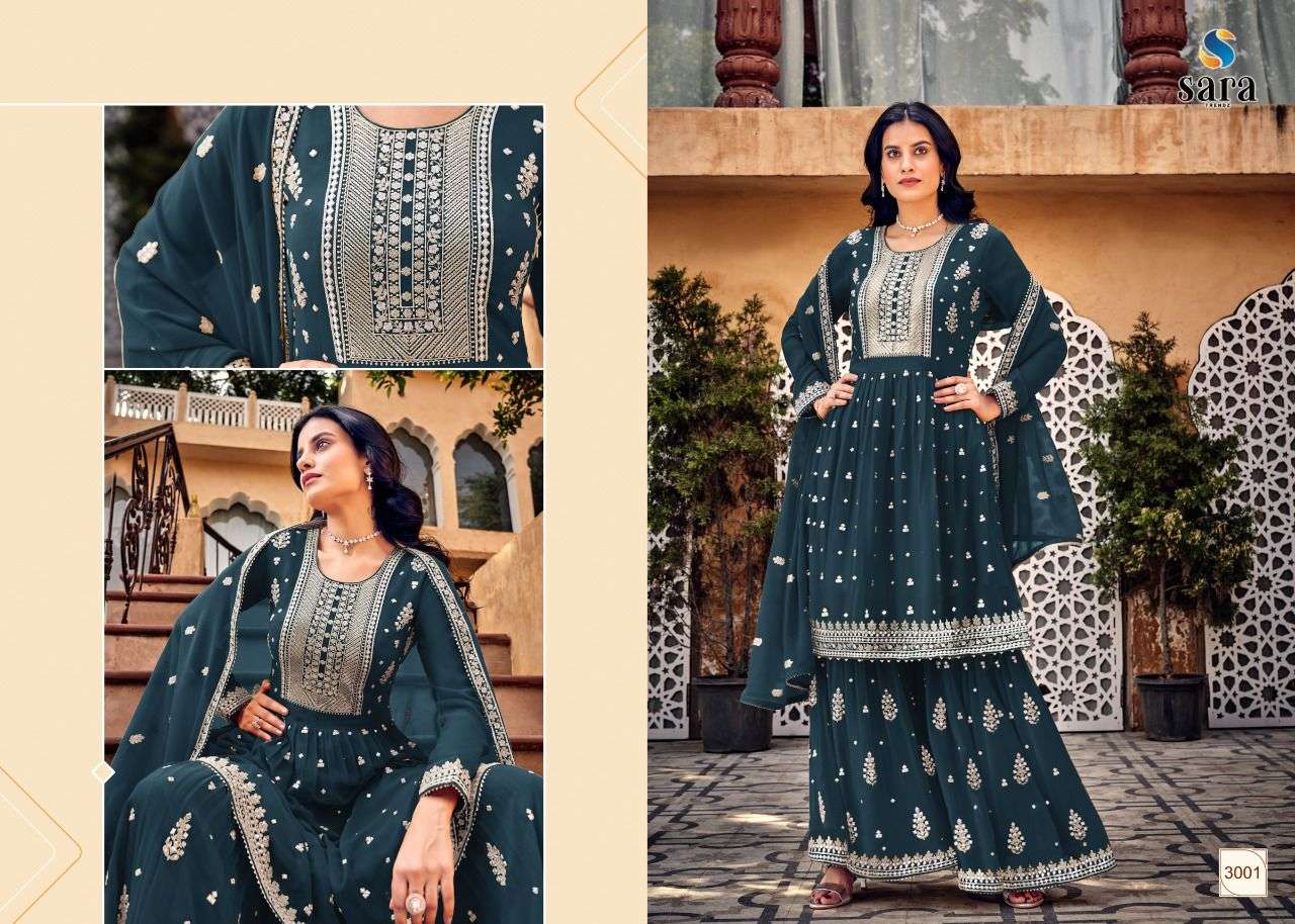 SAYARA BY SARA TRENDZ 3001 TO 3004 SERIES BEAUTIFUL STYLISH SHARARA SUITS FANCY COLORFUL CASUAL WEAR & ETHNIC WEAR & READY TO WEAR HEAVY GEORGETTE EMBROIDERED DRESSES AT WHOLESALE PRICE