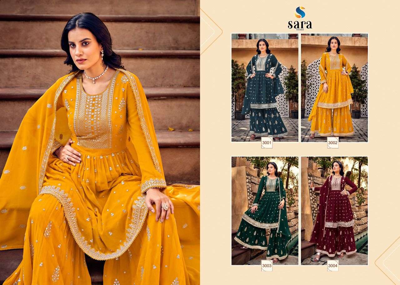 SAYARA BY SARA TRENDZ 3001 TO 3004 SERIES BEAUTIFUL STYLISH SHARARA SUITS FANCY COLORFUL CASUAL WEAR & ETHNIC WEAR & READY TO WEAR HEAVY GEORGETTE EMBROIDERED DRESSES AT WHOLESALE PRICE