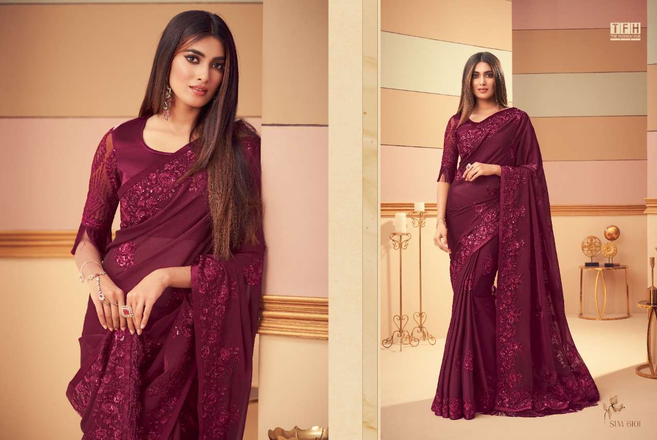 SIMRAN STORY BY TFH INDIAN TRADITIONAL WEAR COLLECTION BEAUTIFUL STYLISH FANCY COLORFUL PARTY WEAR & OCCASIONAL WEAR FANCY SAREES AT WHOLESALE PRICE