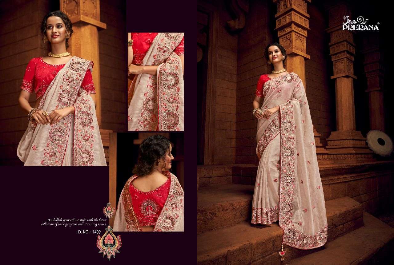 PRERANA 1401 SERIES BY PRERANA 1401 TO 1409 SERIES INDIAN TRADITIONAL WEAR COLLECTION BEAUTIFUL STYLISH FANCY COLORFUL PARTY WEAR & OCCASIONAL WEAR BANARASI SILK SAREES AT WHOLESALE PRICE