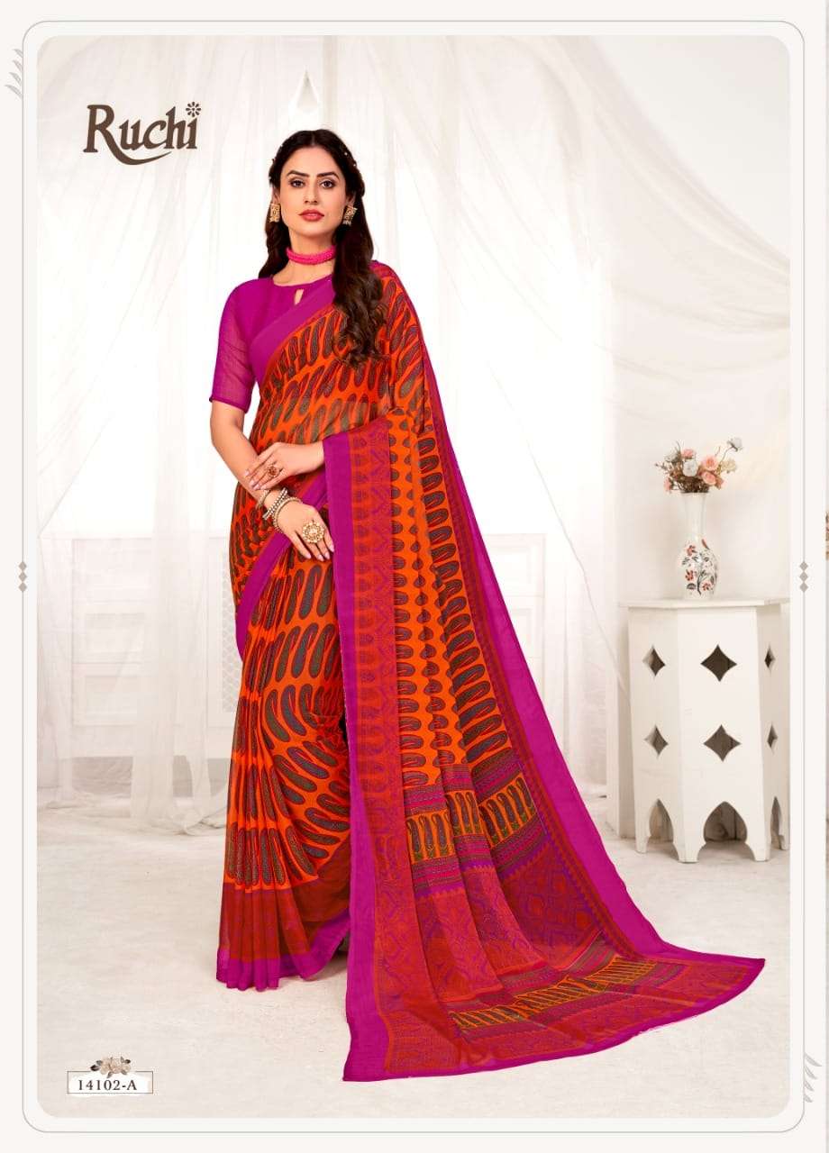STAR CHIFFON VOL-70 BY RUCHI 14101-A TO 14110-B SERIES INDIAN TRADITIONAL WEAR COLLECTION BEAUTIFUL STYLISH FANCY COLORFUL PARTY WEAR & OCCASIONAL WEAR CHIFFON SAREES AT WHOLESALE PRICE