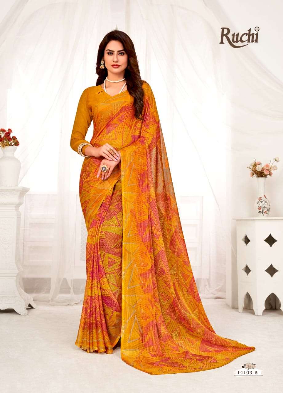 STAR CHIFFON VOL-70 BY RUCHI 14101-A TO 14110-B SERIES INDIAN TRADITIONAL WEAR COLLECTION BEAUTIFUL STYLISH FANCY COLORFUL PARTY WEAR & OCCASIONAL WEAR CHIFFON SAREES AT WHOLESALE PRICE