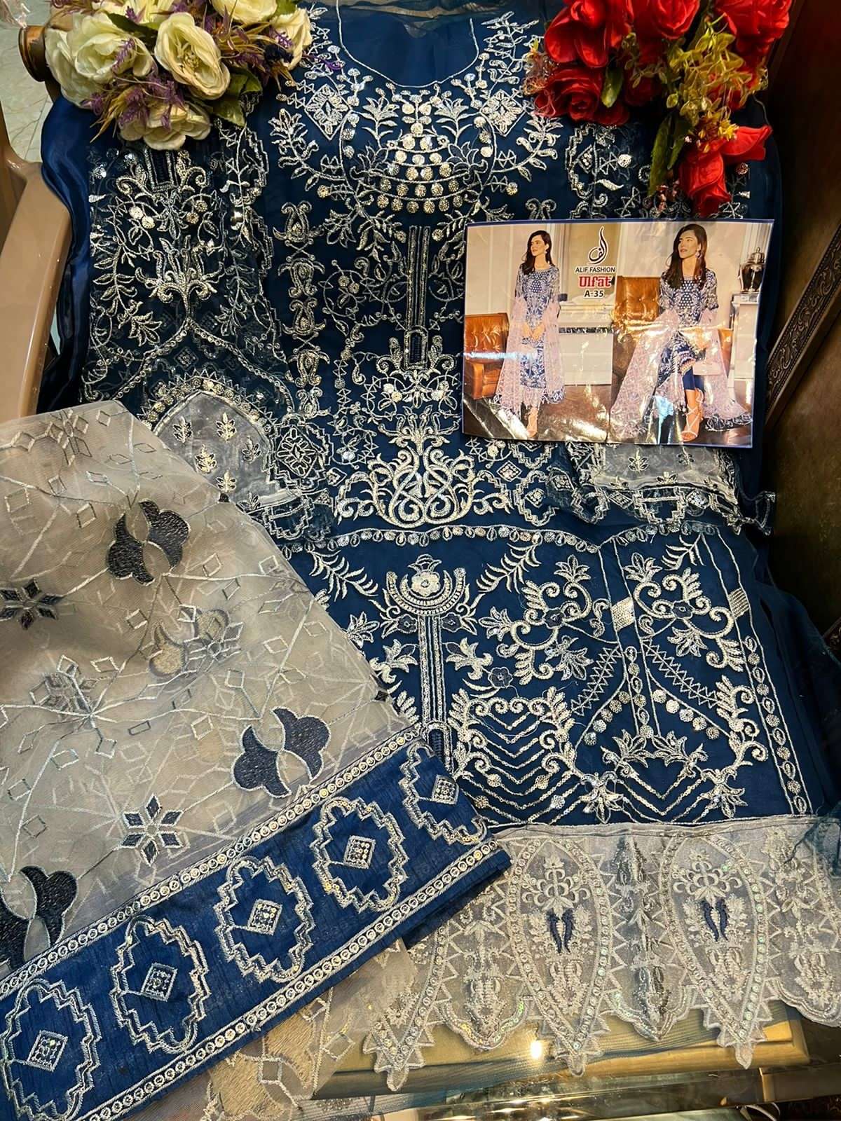 ULFAT BY ALIF FASHION DESIGNER PAKISTANI SUITS BEAUTIFUL STYLISH FANCY COLORFUL PARTY WEAR & OCCASIONAL WEAR HEAVY BUTTERFLY NET DRESSES AT WHOLESALE PRICE