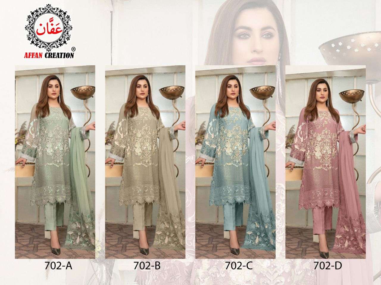 AFFAN CREATION 702 COLOURS BY AFFAN CREATION 702-A TO 702-D SERIES Z BEAUTIFUL PAKISTANI SUITS COLORFUL STYLISH FANCY CASUAL WEAR & ETHNIC WEAR FAUX GEORGETTE WITH EMBROIDERY DRESSES AT WHOLESALE PRICE