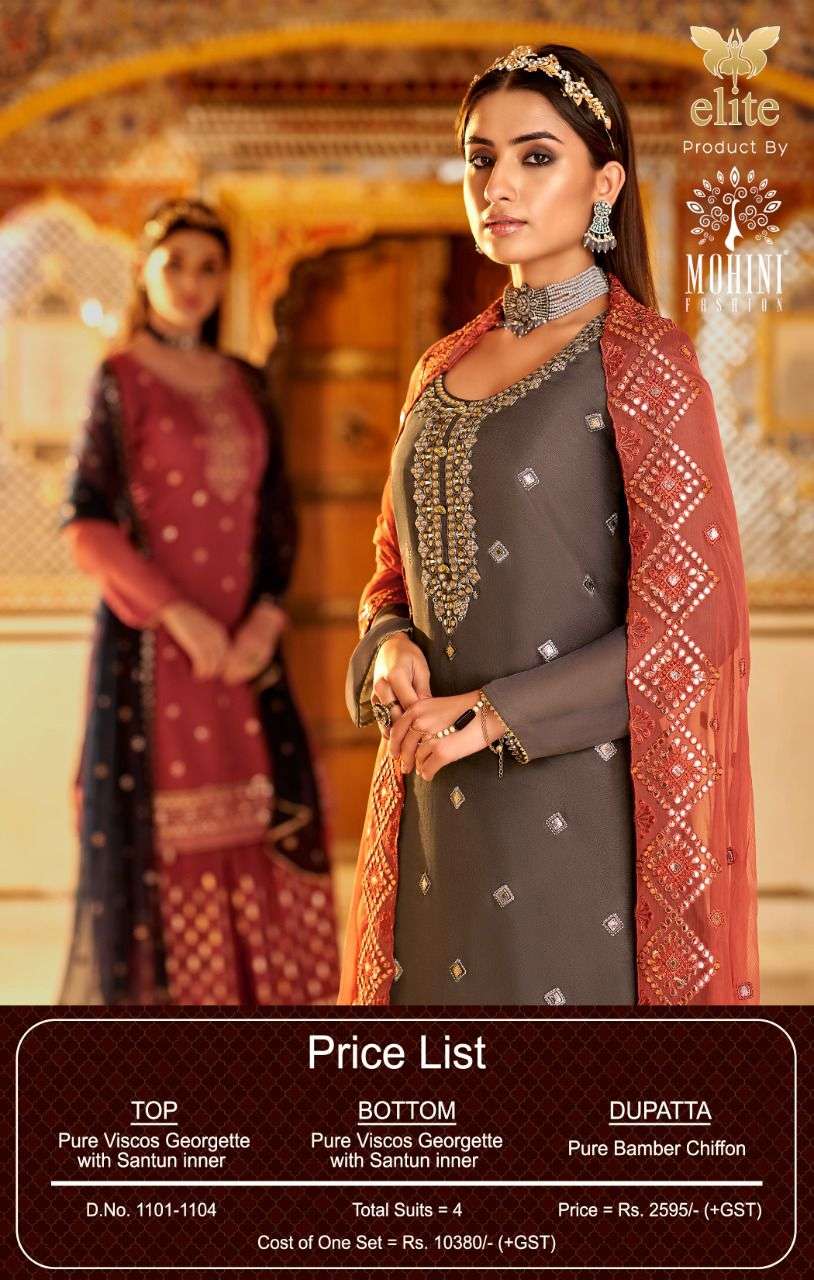 ELITE BY MOHINI FASHION 1101 TO 1104 SERIES BEAUTIFUL STYLISH SHARARA SUITS FANCY COLORFUL CASUAL WEAR & ETHNIC WEAR & READY TO WEAR PURE VISCOSE GEORGETTE DRESSES AT WHOLESALE PRICE
