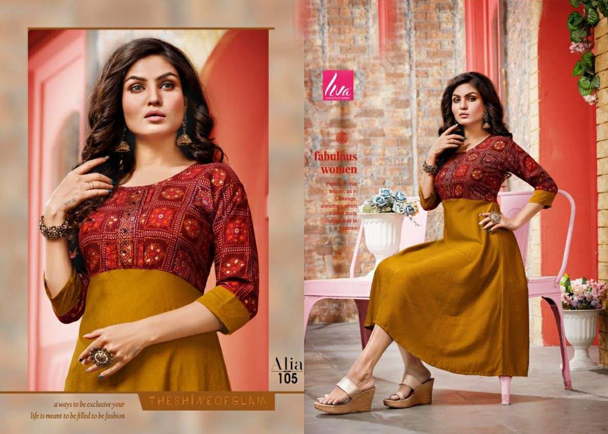 ALIA BY LIVA 101 TO 106 SERIES DESIGNER STYLISH FANCY COLORFUL BEAUTIFUL PARTY WEAR & ETHNIC WEAR COLLECTION RAYON MUSLIN KURTIS AT WHOLESALE PRICE