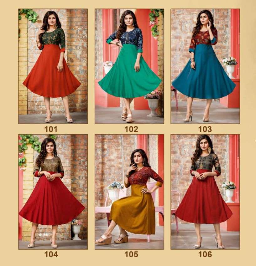 ALIA BY LIVA 101 TO 106 SERIES DESIGNER STYLISH FANCY COLORFUL BEAUTIFUL PARTY WEAR & ETHNIC WEAR COLLECTION RAYON MUSLIN KURTIS AT WHOLESALE PRICE
