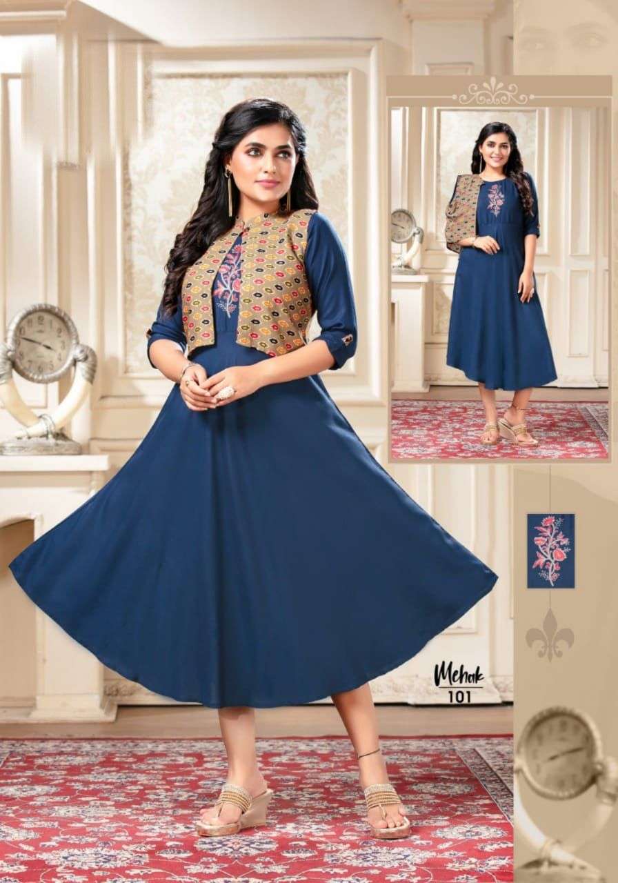 MEHAK BY LIVA 101 TO 108 SERIES DESIGNER STYLISH FANCY COLORFUL BEAUTIFUL PARTY WEAR & ETHNIC WEAR COLLECTION RAYON PRINT KURTIS WITH JACKET AT WHOLESALE PRICE