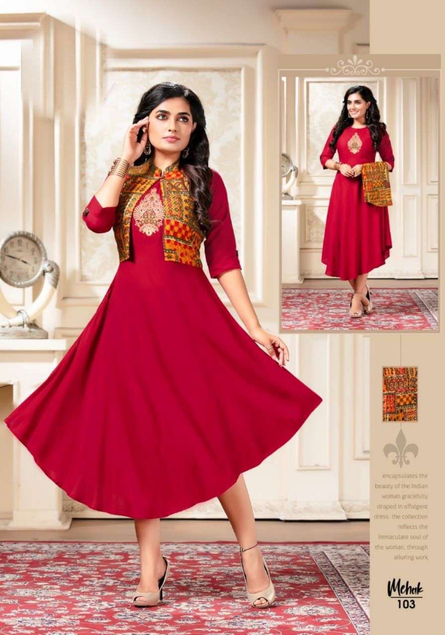 MEHAK BY LIVA 101 TO 108 SERIES DESIGNER STYLISH FANCY COLORFUL BEAUTIFUL PARTY WEAR & ETHNIC WEAR COLLECTION RAYON PRINT KURTIS WITH JACKET AT WHOLESALE PRICE