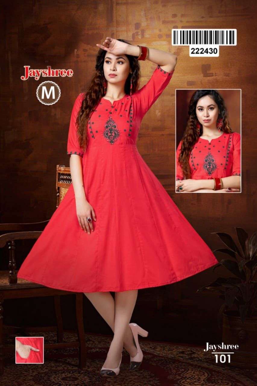 JAYSHREE BY LIVA 101 TO 108 SERIES DESIGNER STYLISH FANCY COLORFUL BEAUTIFUL PARTY WEAR & ETHNIC WEAR COLLECTION RAYON EMBROIDERED KURTIS AT WHOLESALE PRICE