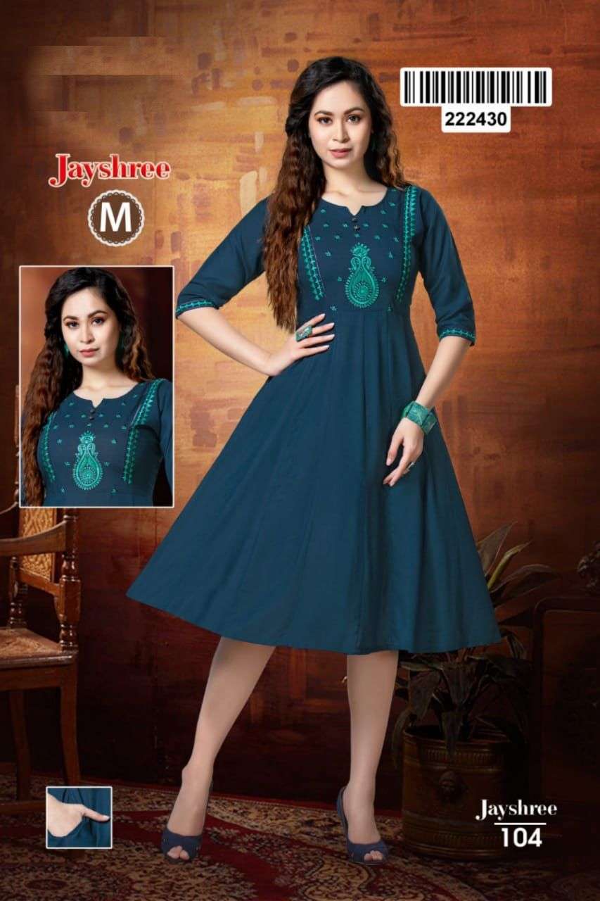 JAYSHREE BY LIVA 101 TO 108 SERIES DESIGNER STYLISH FANCY COLORFUL BEAUTIFUL PARTY WEAR & ETHNIC WEAR COLLECTION RAYON EMBROIDERED KURTIS AT WHOLESALE PRICE