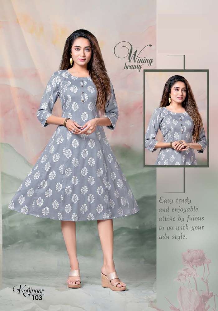 KOHINOOR BY LIVA 101 TO 108 SERIES DESIGNER STYLISH FANCY COLORFUL BEAUTIFUL PARTY WEAR & ETHNIC WEAR COLLECTION RAYON PRINT KURTIS AT WHOLESALE PRICE