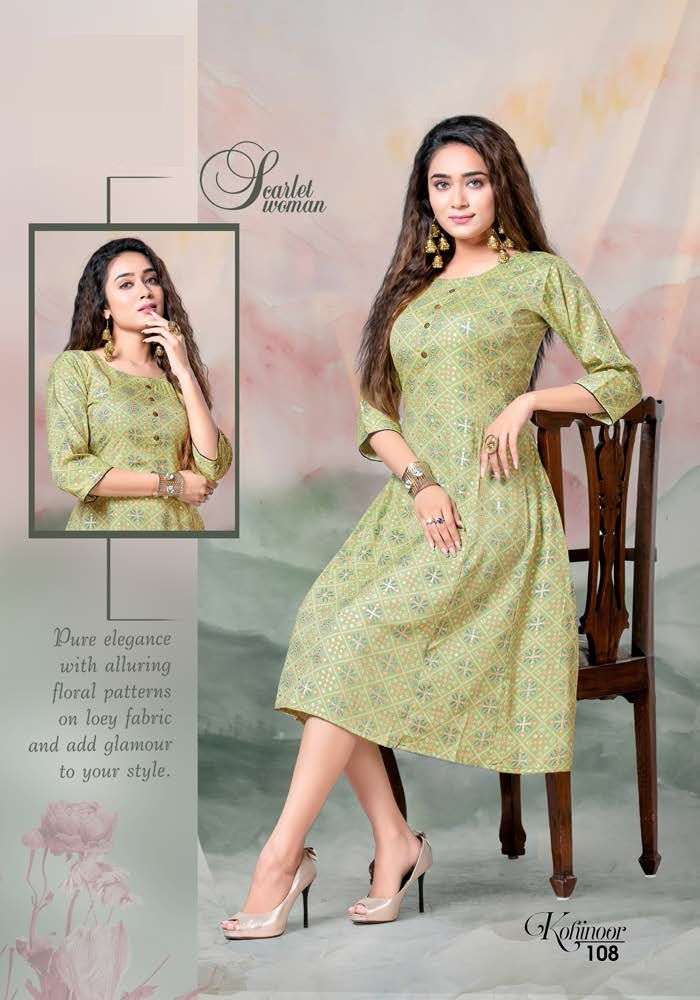 KOHINOOR BY LIVA 101 TO 108 SERIES DESIGNER STYLISH FANCY COLORFUL BEAUTIFUL PARTY WEAR & ETHNIC WEAR COLLECTION RAYON PRINT KURTIS AT WHOLESALE PRICE