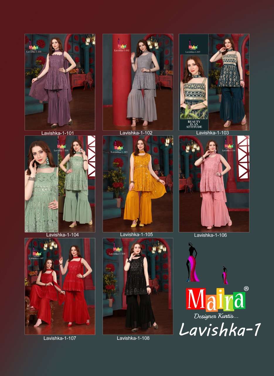 LAVISHKA VOL-1 BY MAIRA 101 TO 108 SERIES BEAUTIFUL SHRARA SUITS COLORFUL STYLISH FANCY CASUAL WEAR & ETHNIC WEAR HEAVY BLOOMING GEORGETTE DRESSES AT WHOLESALE PRICE
