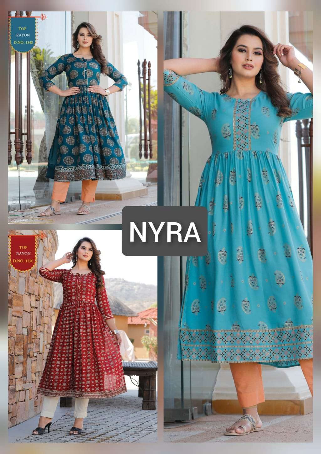 NYRA BY KAAMIRI 1348 TO 1350 SERIES DESIGNER STYLISH FANCY COLORFUL BEAUTIFUL PARTY WEAR & ETHNIC WEAR COLLECTION RAYON PRINT KURTIS AT WHOLESALE PRICE