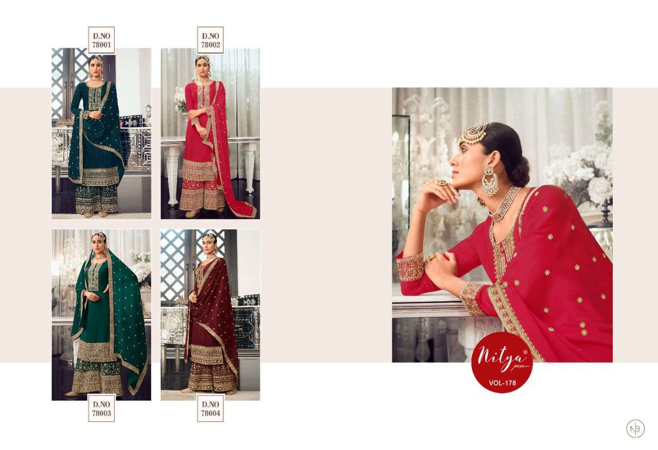 NITYA VOL-178 BY LT FABRICS 78001 TO 78004 SERIES DESIGNER SHARARA SUITS COLLECTION BEAUTIFUL STYLISH FANCY COLORFUL PARTY WEAR & OCCASIONAL WEAR FANCY EMBROIDERY DRESSES AT WHOLESALE PRICE