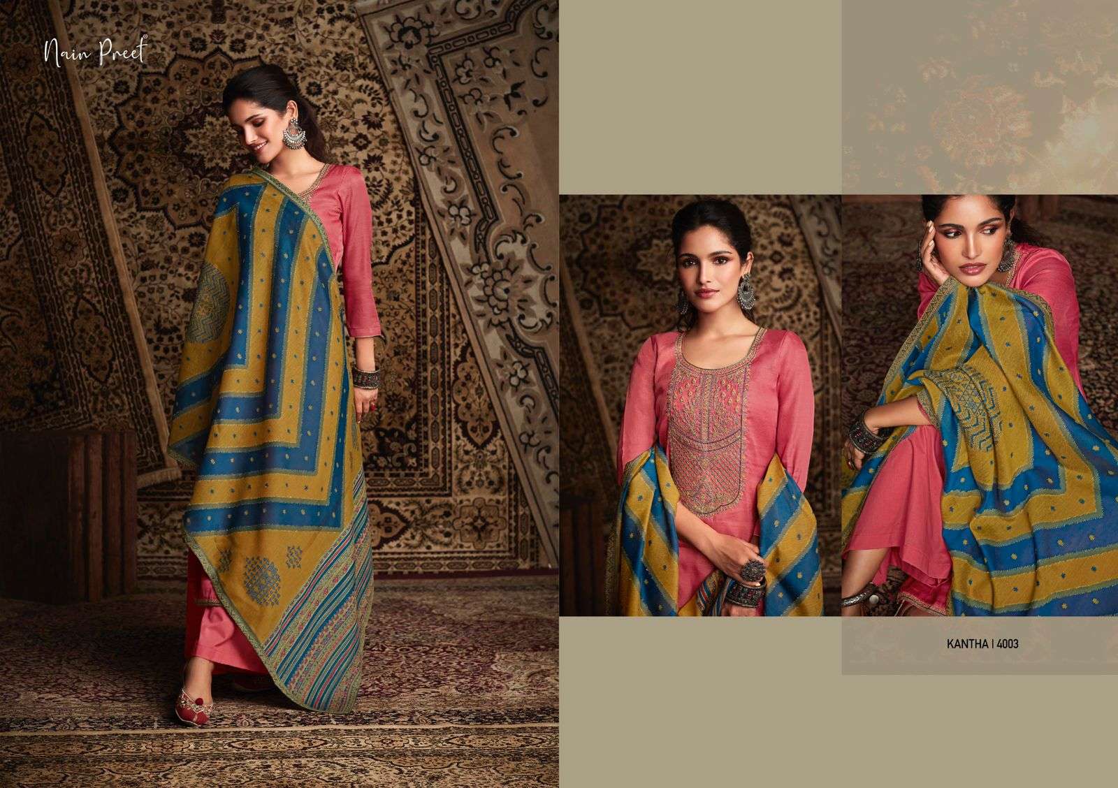 KANTHA BY NAIN PREET 4001 TO 4006 SERIES BEAUTIFUL SUITS COLORFUL STYLISH FANCY CASUAL WEAR & ETHNIC WEAR TUSSAR SILK DRESSES AT WHOLESALE PRICE