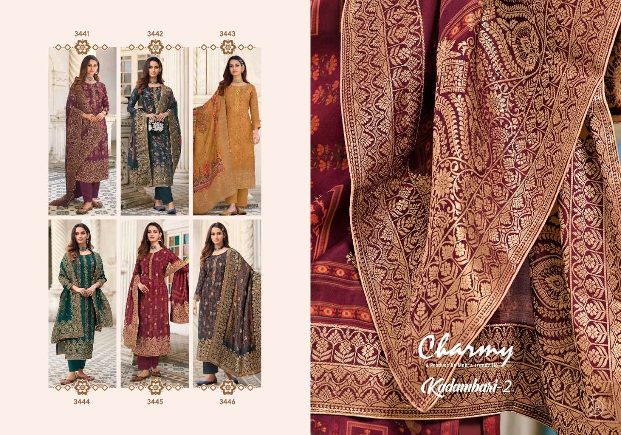 KADAMBARI VOL-2 BY CHARMY 3441 TO 3446 SERIES BEAUTIFUL SUITS COLORFUL STYLISH FANCY CASUAL WEAR & ETHNIC WEAR VISCOSE DOLA JACQUARD PRINT DRESSES AT WHOLESALE PRICE
