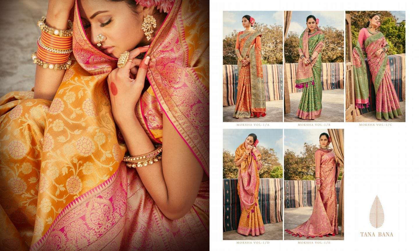 MOKSHA BY TANA BANA A TO E SERIES INDIAN TRADITIONAL WEAR COLLECTION BEAUTIFUL STYLISH FANCY COLORFUL PARTY WEAR & OCCASIONAL WEAR SILK SAREES AT WHOLESALE PRICE