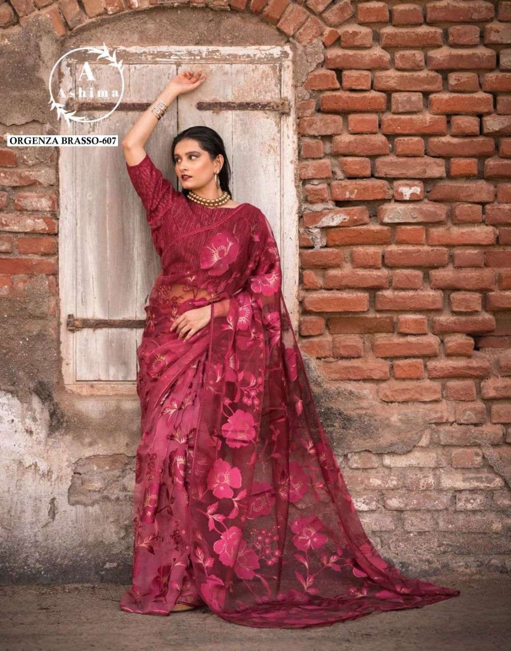 ORGANZA BRASSO BY ASHIMA 601 TO 608 SERIES INDIAN TRADITIONAL WEAR COLLECTION BEAUTIFUL STYLISH FANCY COLORFUL PARTY WEAR & OCCASIONAL WEAR ORGANZA BRASSO SAREES AT WHOLESALE PRICE