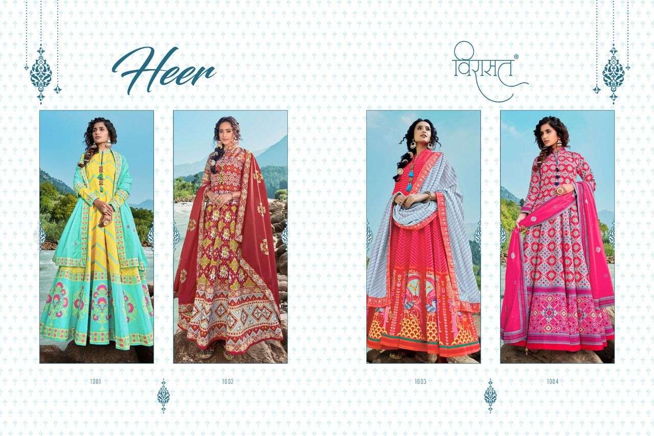 HEER BY VIRASAT 1001 TO 1004 SERIES BEAUTIFUL STYLISH FANCY COLORFUL CASUAL WEAR & ETHNIC WEAR SILK PRINT GOWNS WITH DUPATTA AT WHOLESALE PRICE
