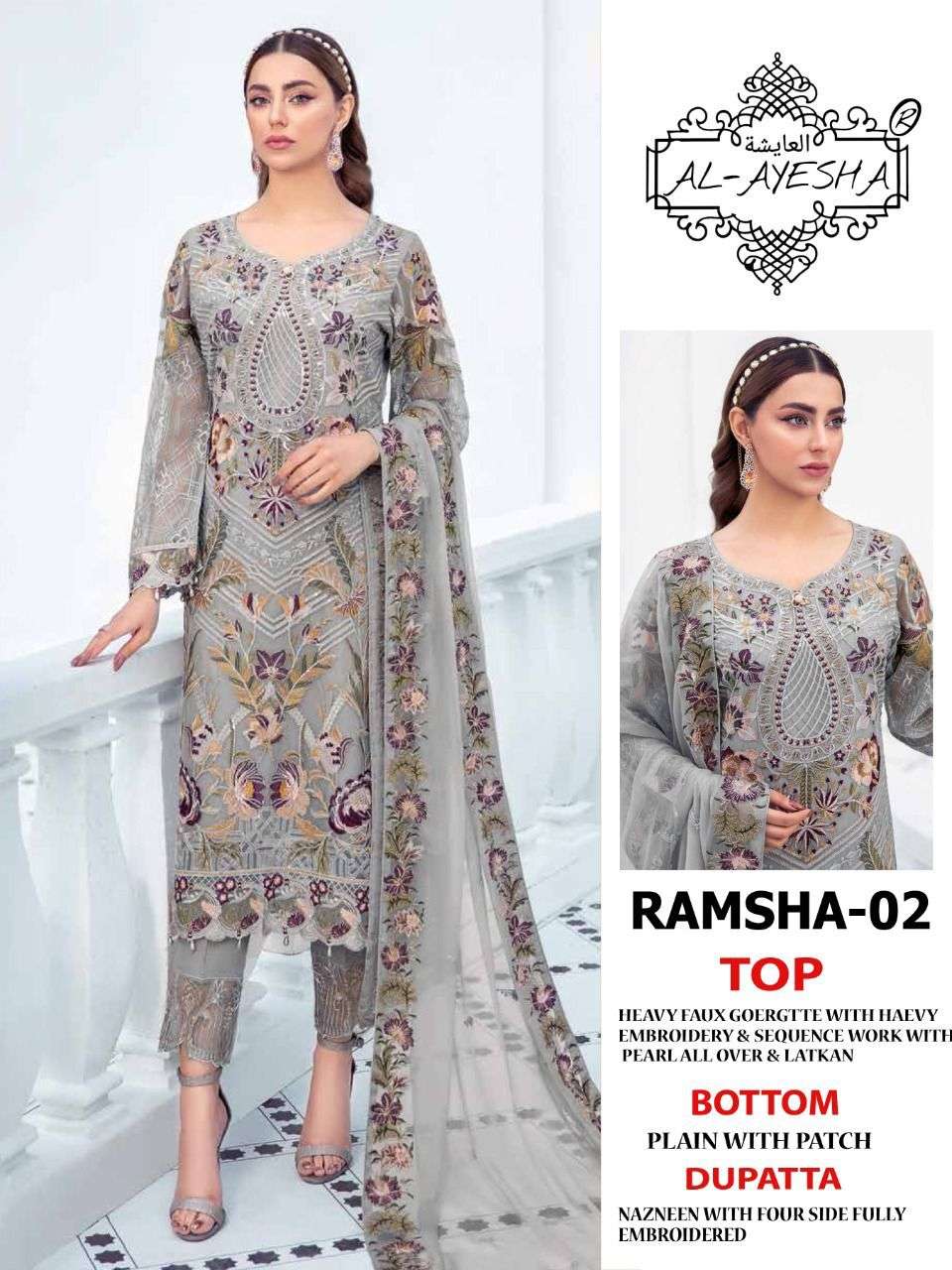 RAMSHA 02 BY AL AYESHA DESIGNER PAKISTANI SUITS BEAUTIFUL FANCY COLORFUL STYLISH PARTY WEAR & OCCASIONAL WEAR FAUX GEORGETTE EMBROIDERY DRESSES AT WHOLESALE PRICE
