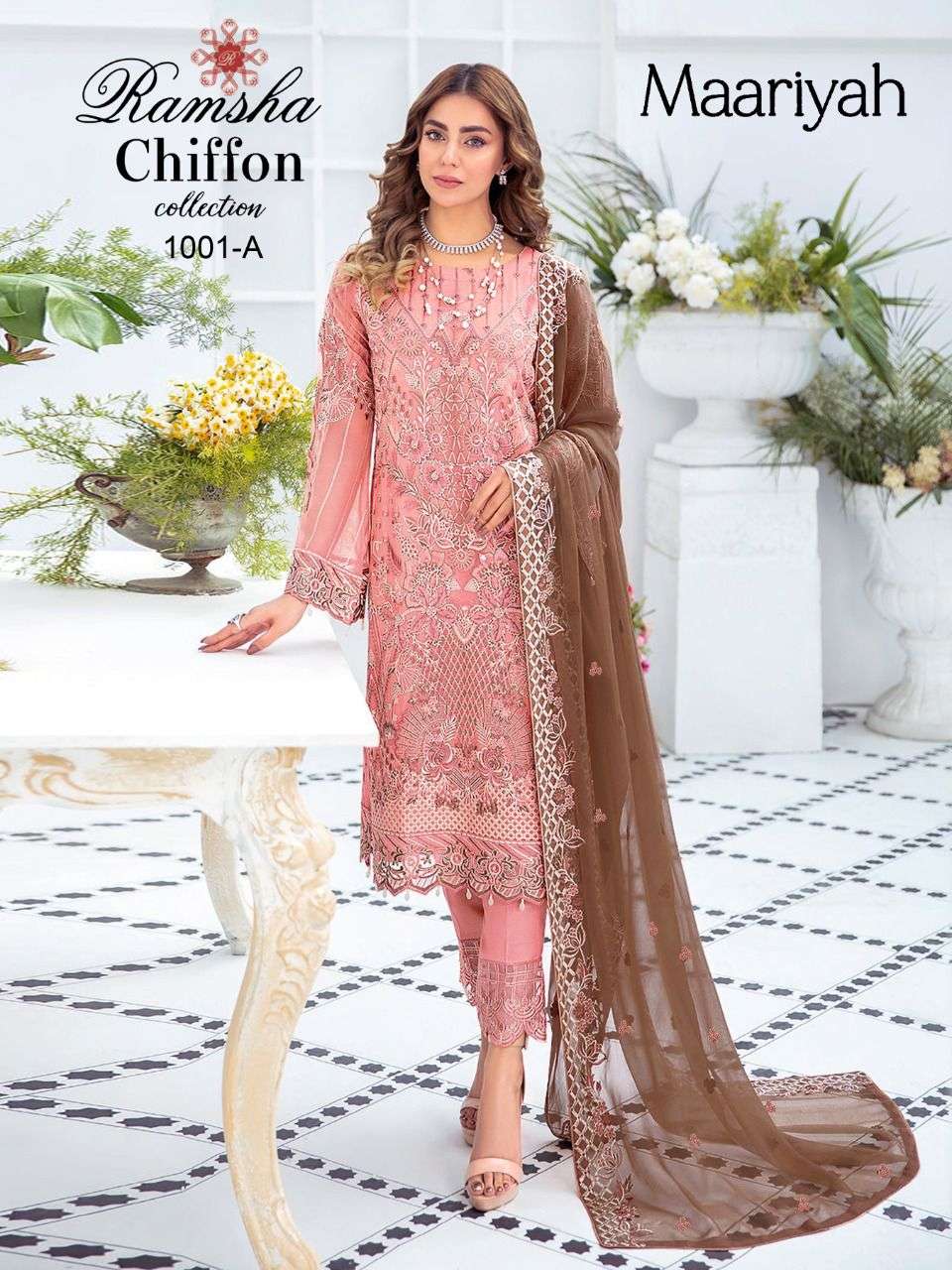 RAMSHA CHIFFON COLLECTION BY MAARIYAH 1001-A TO 1001-D SERIES PAKISTANI SUITS BEAUTIFUL FANCY COLORFUL STYLISH PARTY WEAR & OCCASIONAL WEAR FAUX GEORGETTE WITH EMBROIDERY DRESSES AT WHOLESALE PRICE