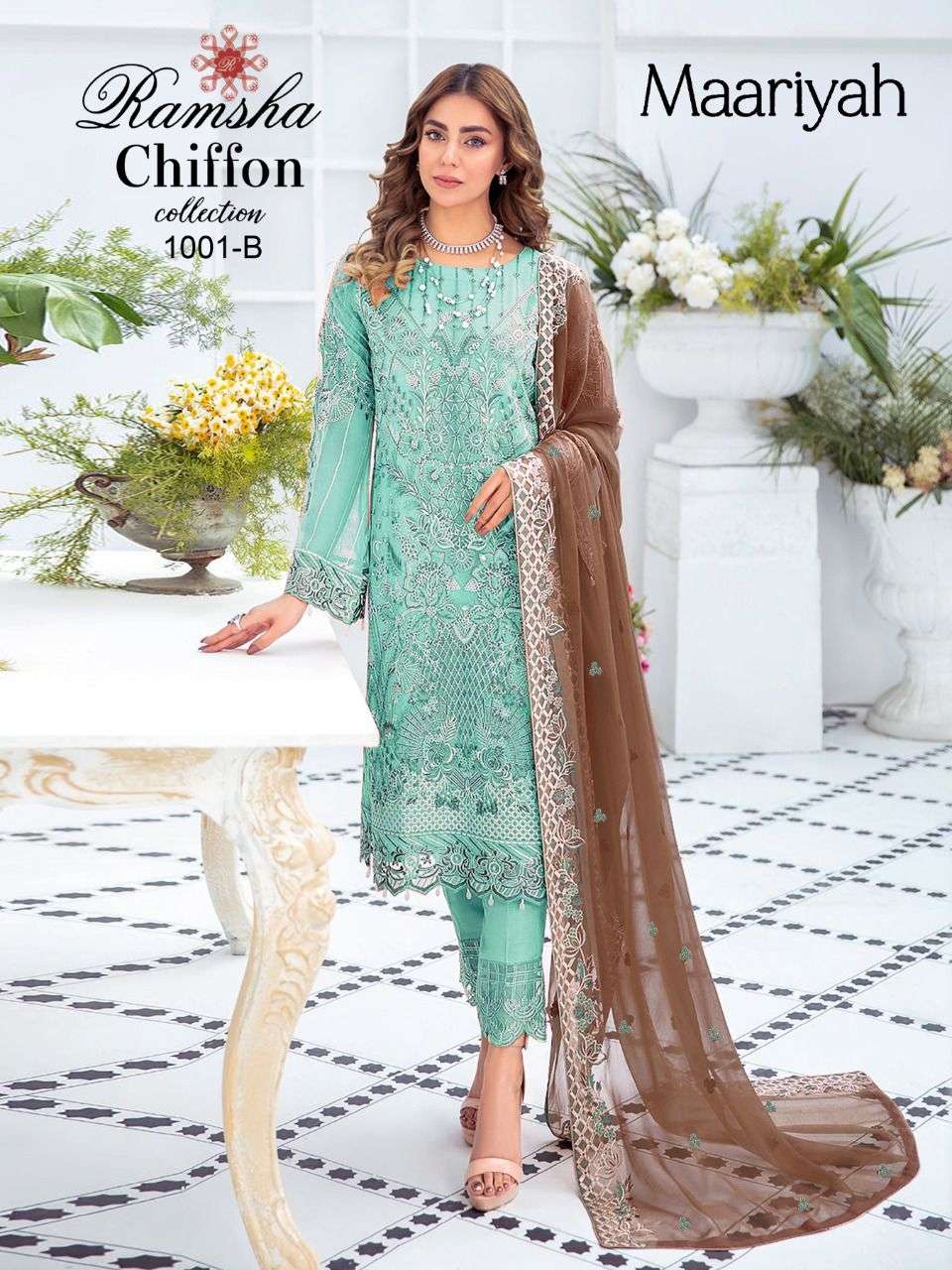 RAMSHA CHIFFON COLLECTION BY MAARIYAH 1001-A TO 1001-D SERIES PAKISTANI SUITS BEAUTIFUL FANCY COLORFUL STYLISH PARTY WEAR & OCCASIONAL WEAR FAUX GEORGETTE WITH EMBROIDERY DRESSES AT WHOLESALE PRICE