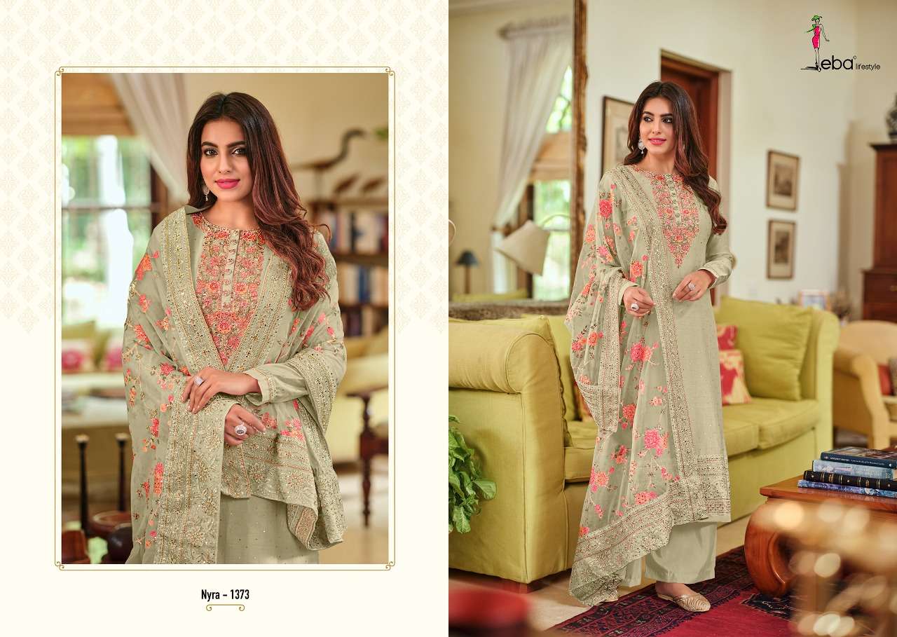 NYRA VOL-3 BY EBA LIFESTYLE 1371 TO 1374 SERIES BEAUTIFUL STYLISH SHARARA SUITS FANCY COLORFUL CASUAL WEAR & ETHNIC WEAR & READY TO WEAR PURE VISCOSE SILK DRESSES AT WHOLESALE PRICE