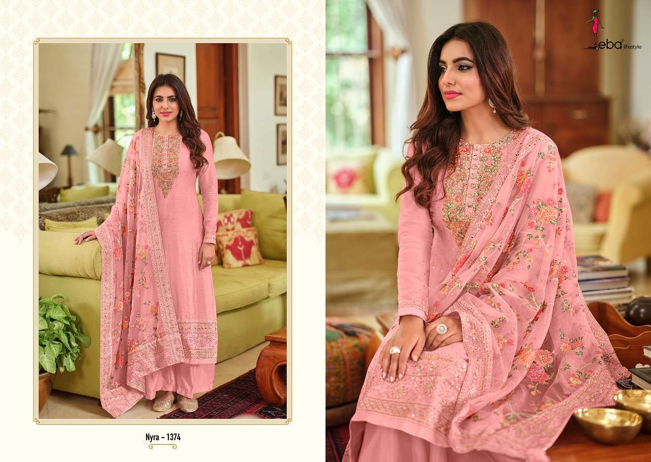 NYRA VOL-3 BY EBA LIFESTYLE 1371 TO 1374 SERIES BEAUTIFUL STYLISH SHARARA SUITS FANCY COLORFUL CASUAL WEAR & ETHNIC WEAR & READY TO WEAR PURE VISCOSE SILK DRESSES AT WHOLESALE PRICE