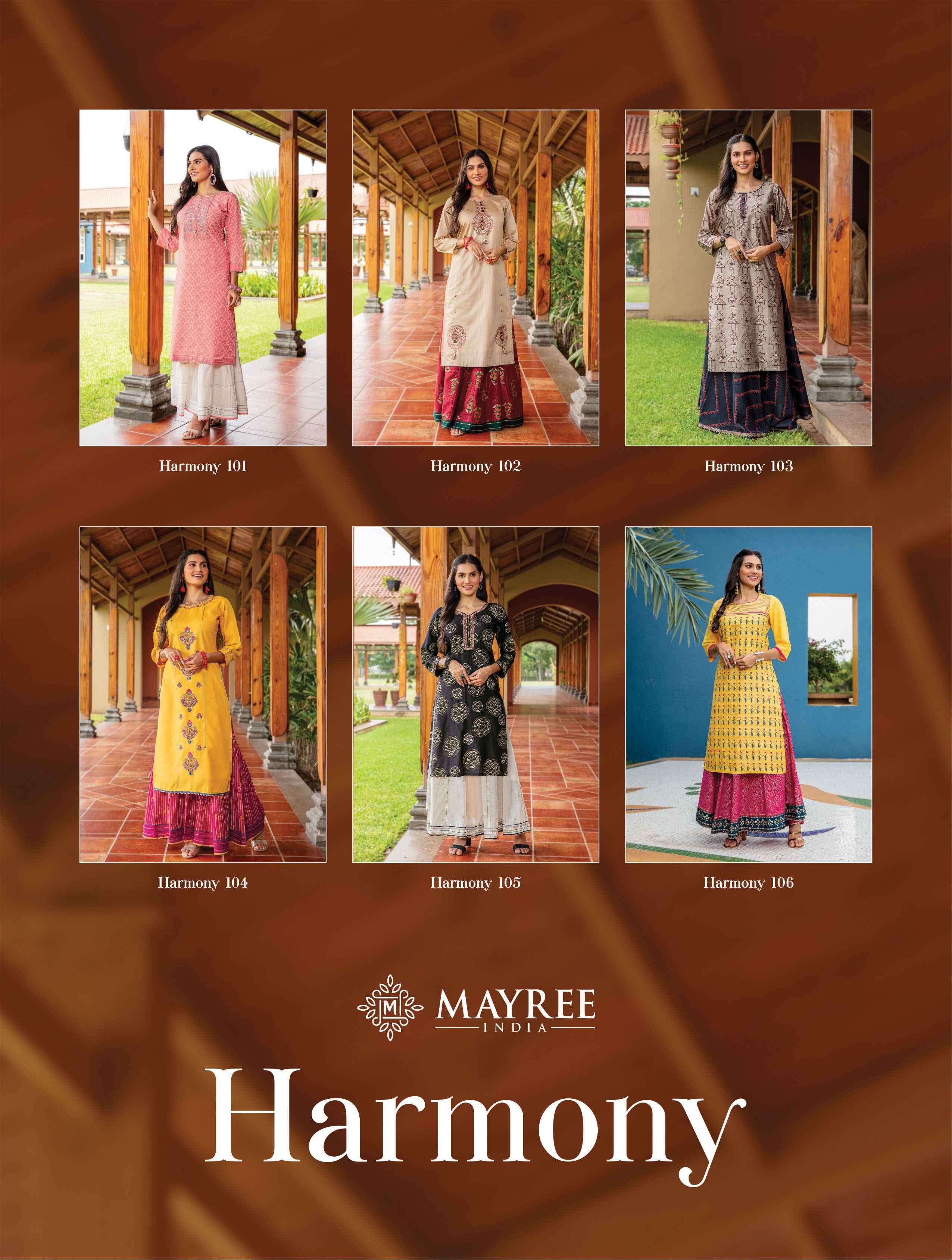 HARMONY BY MAYREE 101 TO 106 SERIES DESIGNER STYLISH FANCY COLORFUL BEAUTIFUL PARTY WEAR & ETHNIC WEAR COLLECTION MUSLIN PRINT KURTIS WITH BOTTOM AT WHOLESALE PRICE