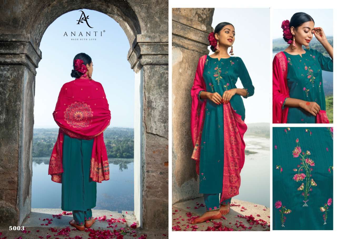 NIRAKAR BY ANANTI 5001 TO 5005 SERIES BEAUTIFUL SUITS COLORFUL STYLISH FANCY CASUAL WEAR & ETHNIC WEAR VISCOSE SILK WITH WORK DRESSES AT WHOLESALE PRICE