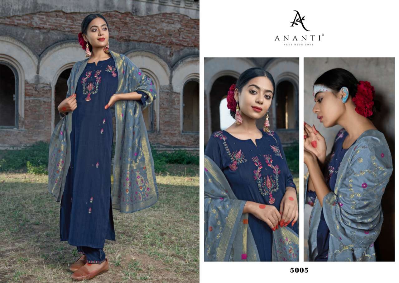 NIRAKAR BY ANANTI 5001 TO 5005 SERIES BEAUTIFUL SUITS COLORFUL STYLISH FANCY CASUAL WEAR & ETHNIC WEAR VISCOSE SILK WITH WORK DRESSES AT WHOLESALE PRICE