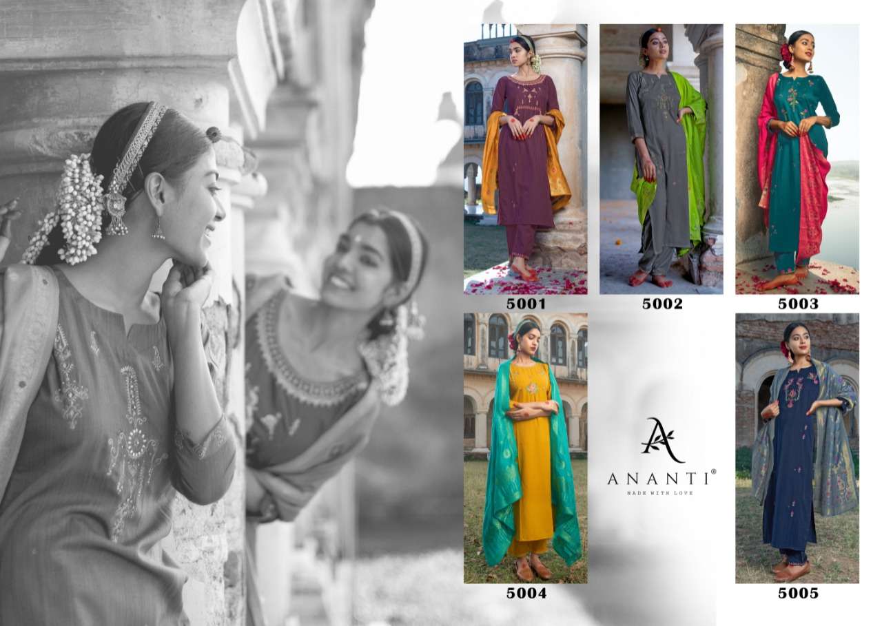 NIRAKAR BY ANANTI 5001 TO 5005 SERIES BEAUTIFUL SUITS COLORFUL STYLISH FANCY CASUAL WEAR & ETHNIC WEAR VISCOSE SILK WITH WORK DRESSES AT WHOLESALE PRICE