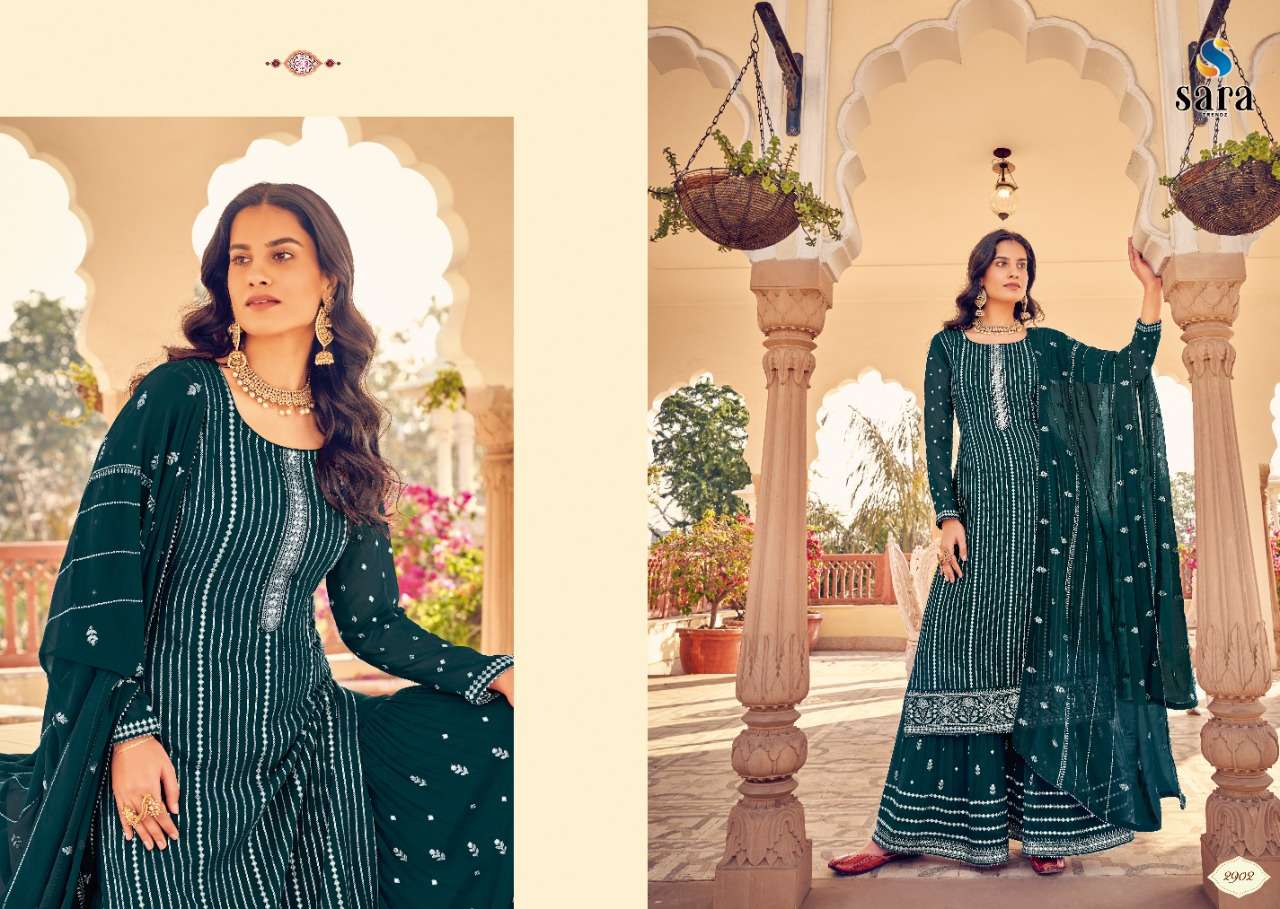 SAHENAAZ BY SARA TRENDZ 2901 TO 2904 SERIES BEAUTIFUL SHARARA SUITS COLORFUL STYLISH FANCY CASUAL WEAR & ETHNIC WEAR GEORGETTE EMBROIDERED DRESSES AT WHOLESALE PRICE