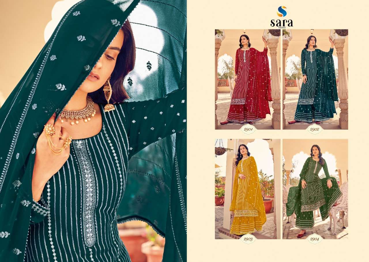 SAHENAAZ BY SARA TRENDZ 2901 TO 2904 SERIES BEAUTIFUL SHARARA SUITS COLORFUL STYLISH FANCY CASUAL WEAR & ETHNIC WEAR GEORGETTE EMBROIDERED DRESSES AT WHOLESALE PRICE