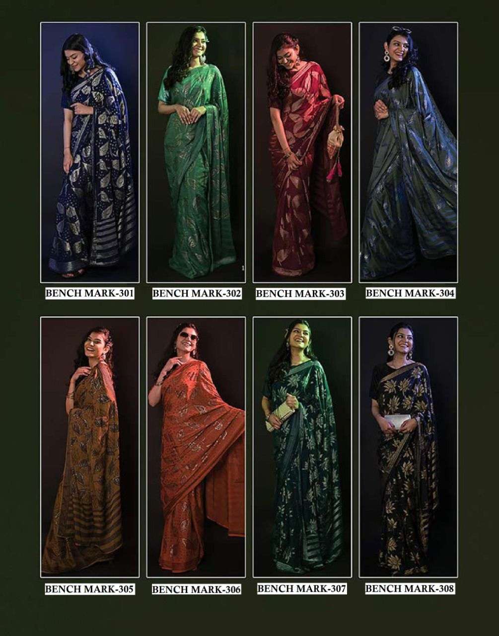 BENCHMARK BRASSO BY ASHIMA 301 TO 308 SERIES INDIAN TRADITIONAL WEAR COLLECTION BEAUTIFUL STYLISH FANCY COLORFUL PARTY WEAR & OCCASIONAL WEAR BRASSO SAREES AT WHOLESALE PRICE