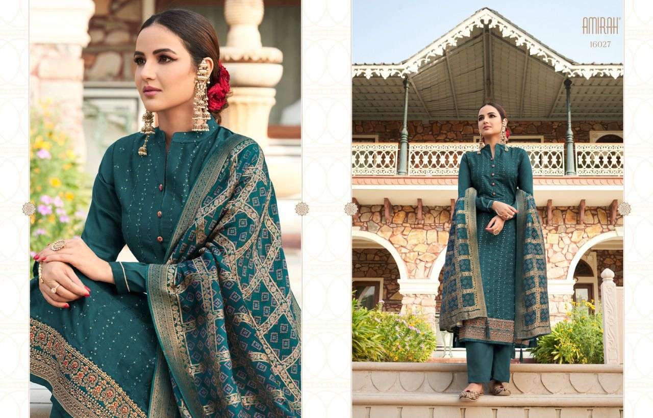 JASMEEN BY AMIRAH 16021 TO 16028 SERIES BEAUTIFUL STYLISH SUITS FANCY COLORFUL CASUAL WEAR & ETHNIC WEAR & READY TO WEAR TUSSAR SATIN EMBROIDERED DRESSES AT WHOLESALE PRICE