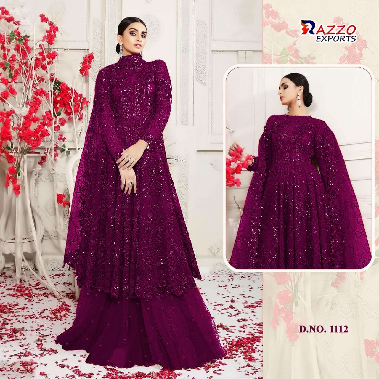 RAZZO VOL-3 HIT COLLECTION BY RAZZO EXPORTS 1109 TO 1112 SERIES DESIGNER BEAUTIFUL STYLISH PAKISATNI SUITS FANCY COLORFUL CASUAL WEAR & ETHNIC WEAR & READY TO WEAR BUTTERFLY NET EMBROIDERY DRESSES AT WHOLESALE PRICE