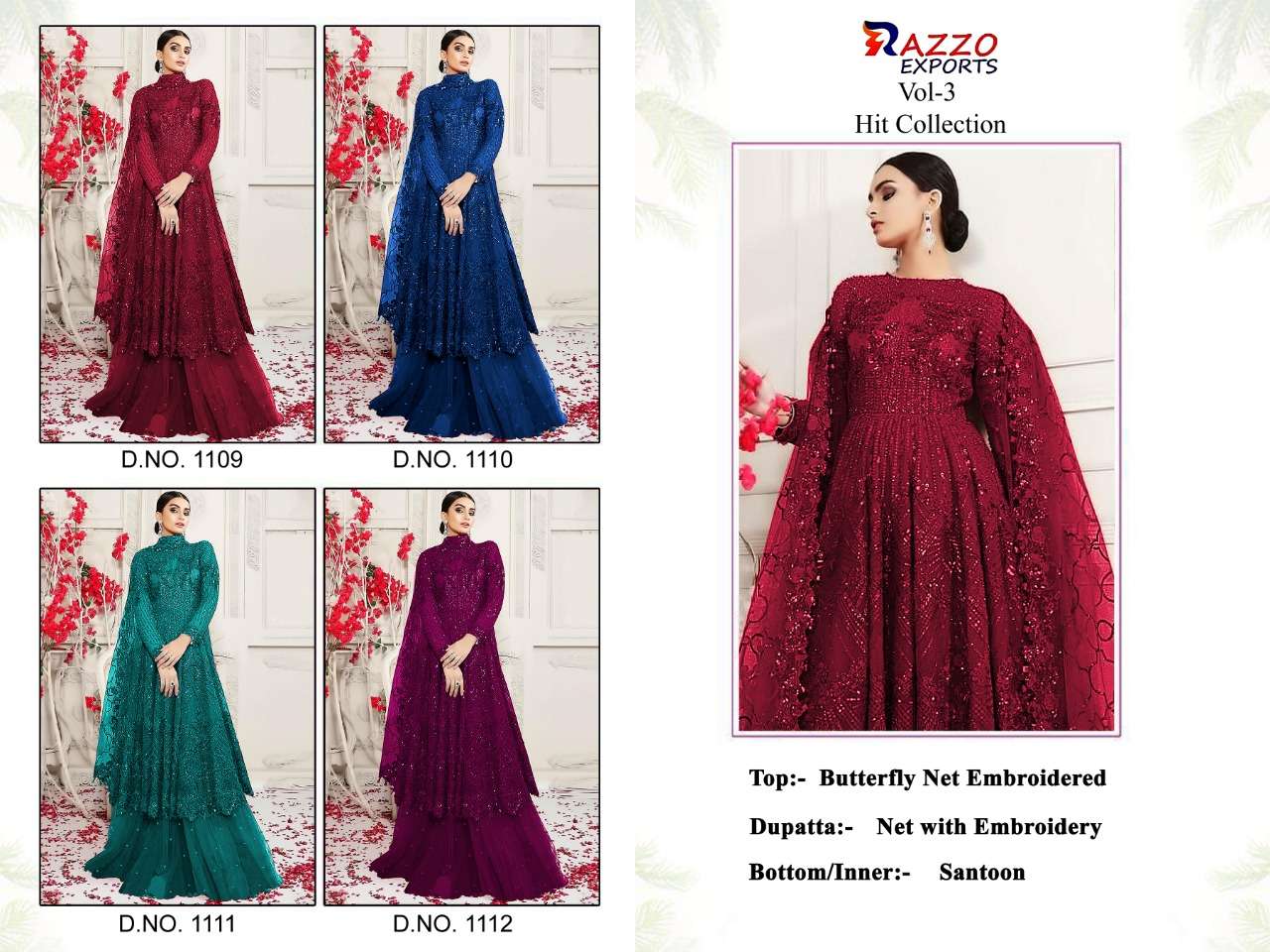 RAZZO VOL-3 HIT COLLECTION BY RAZZO EXPORTS 1109 TO 1112 SERIES DESIGNER BEAUTIFUL STYLISH PAKISATNI SUITS FANCY COLORFUL CASUAL WEAR & ETHNIC WEAR & READY TO WEAR BUTTERFLY NET EMBROIDERY DRESSES AT WHOLESALE PRICE