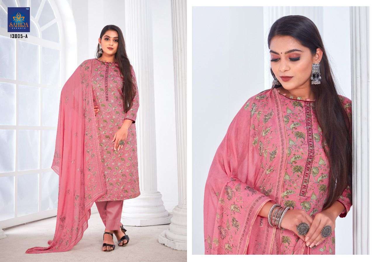 SAHIRA 13005 COLOURS BY SAHIRA EXPORTS 13005-A TO 13005-D SERIES BEAUTIFUL STYLISH SUITS FANCY COLORFUL CASUAL WEAR & ETHNIC WEAR & READY TO WEAR PURE JAM SILK COTTON PRINTED DRESSES AT WHOLESALE PRICE