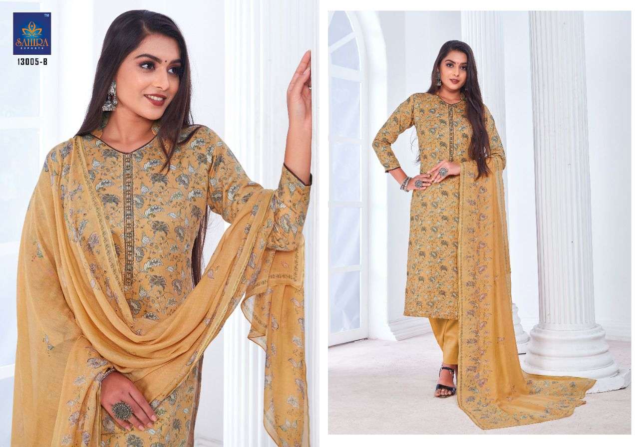 SAHIRA 13005 COLOURS BY SAHIRA EXPORTS 13005-A TO 13005-D SERIES BEAUTIFUL STYLISH SUITS FANCY COLORFUL CASUAL WEAR & ETHNIC WEAR & READY TO WEAR PURE JAM SILK COTTON PRINTED DRESSES AT WHOLESALE PRICE