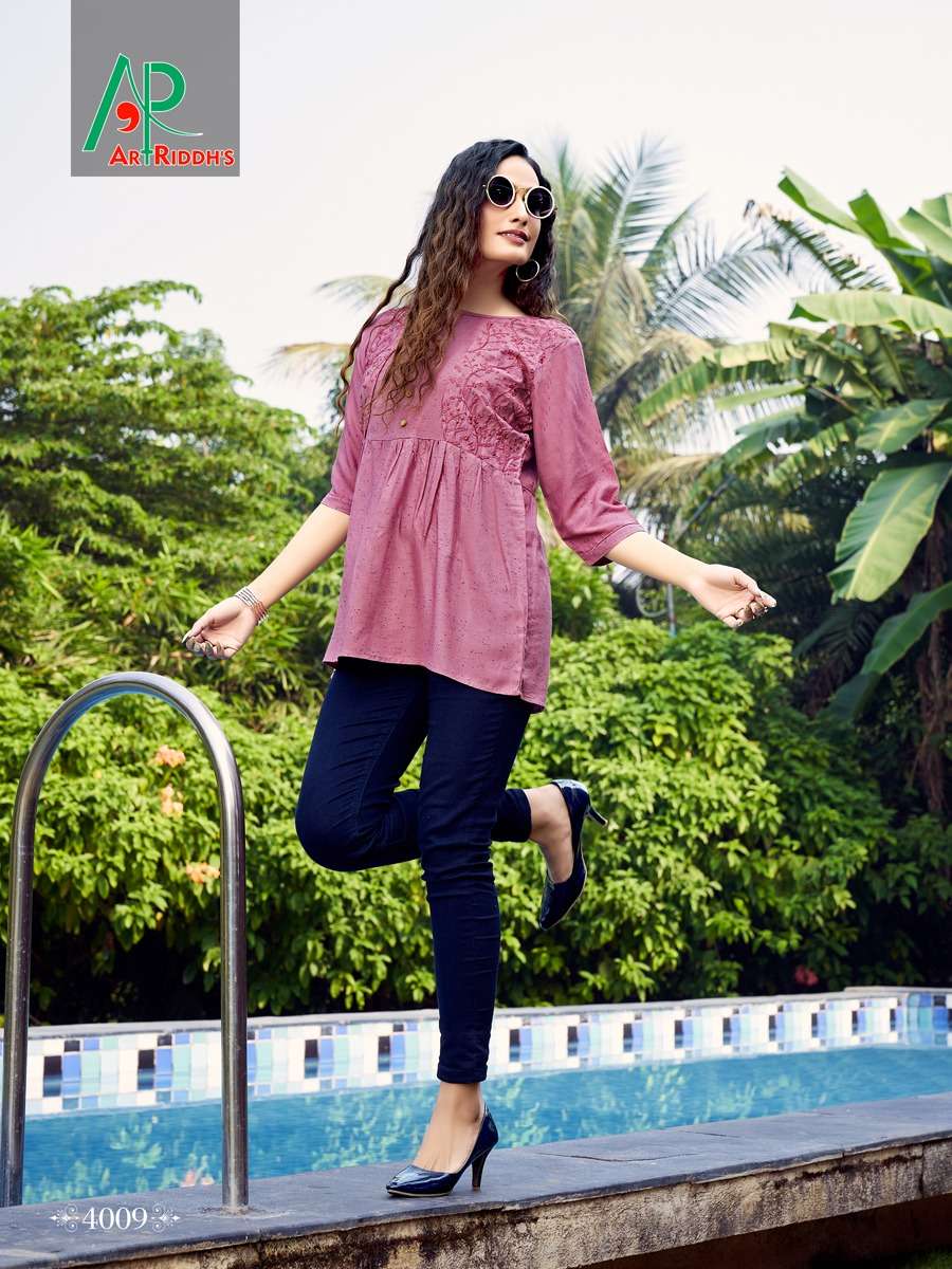 SHRUSTI VOL-4 BY ART RIDDHS 4001 TO 4010 SERIES BEAUTIFUL STYLISH FANCY COLORFUL CASUAL WEAR & ETHNIC WEAR HEAVY RAYON TOPS AT WHOLESALE PRICE