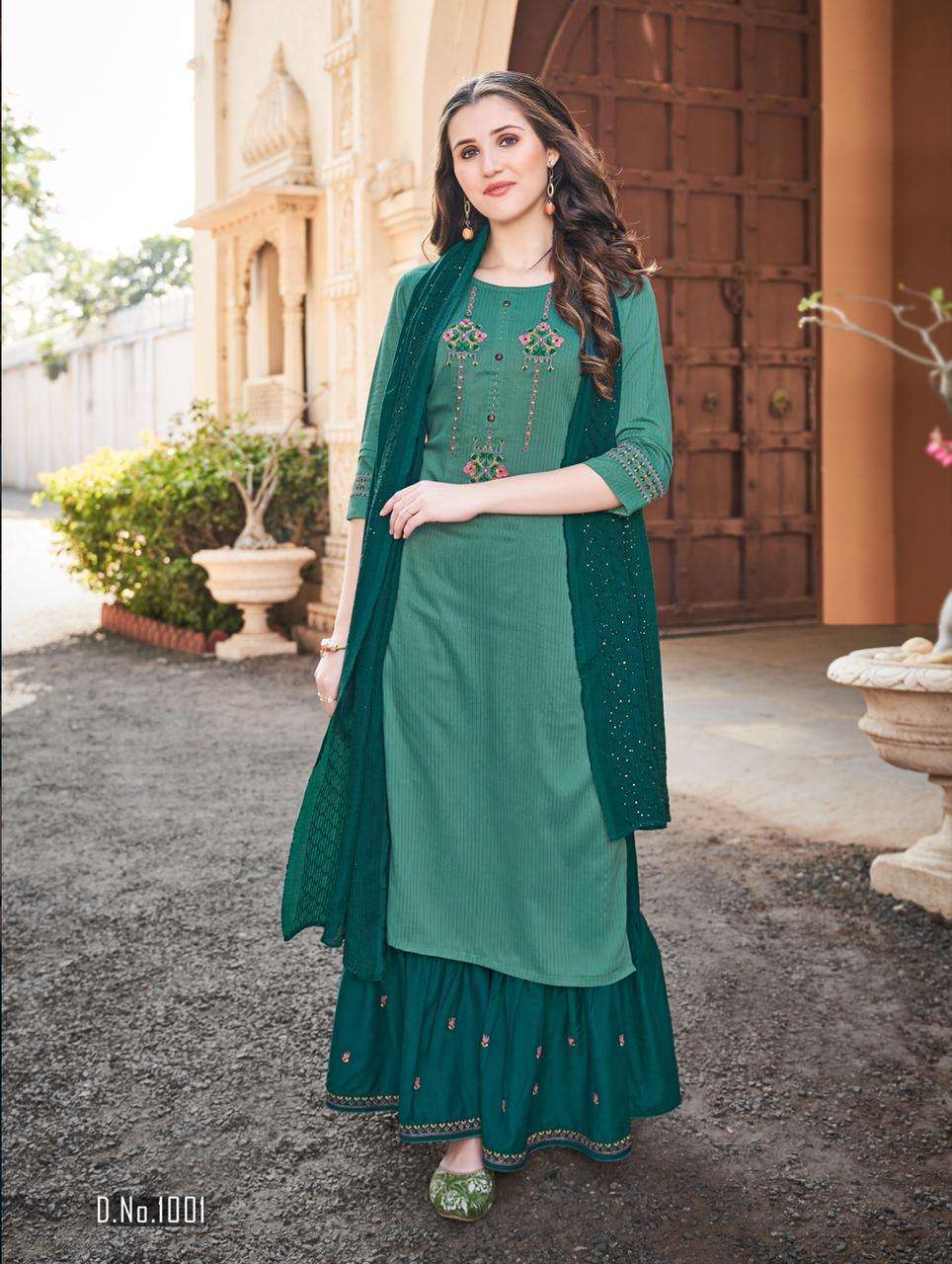 HEER BY LADY VIEW 1001 TO 1006 SERIES BEAUTIFUL SHARARA SUITS COLORFUL STYLISH FANCY CASUAL WEAR & ETHNIC WEAR VISCOSE SILK EMBROIDERED DRESSES AT WHOLESALE PRICE