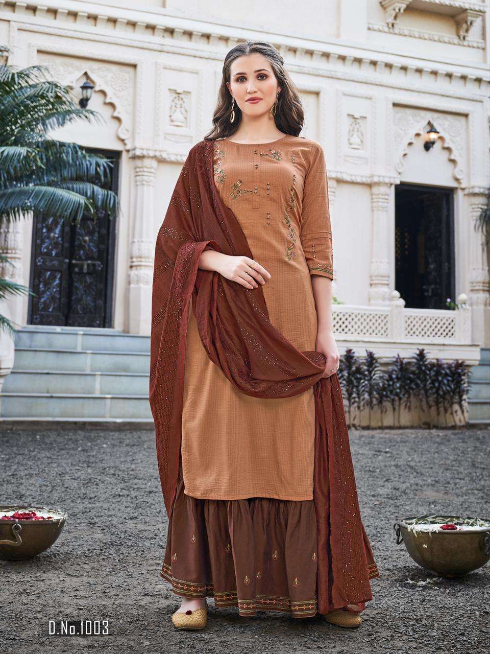 HEER BY LADY VIEW 1001 TO 1006 SERIES BEAUTIFUL SHARARA SUITS COLORFUL STYLISH FANCY CASUAL WEAR & ETHNIC WEAR VISCOSE SILK EMBROIDERED DRESSES AT WHOLESALE PRICE