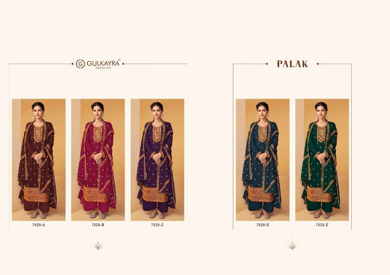 Palak By Gulkayra Designer 7020-A To 7020-E Series Beautiful Suits Colorful Stylish Fancy Casual Wear & Ethnic Wear Real Georgette Dresses At Wholesale Price