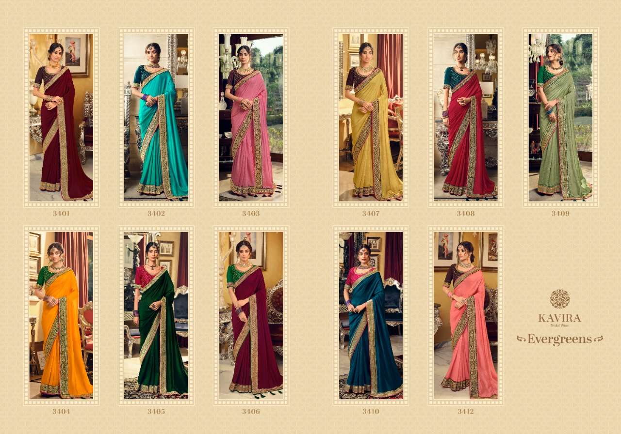 Evergreens By Kavira 3401 To 3411 Series Indian Traditional Wear Collection Beautiful Stylish Fancy Colorful Party Wear & Occasional Wear Vichitra Sarees At Wholesale Price