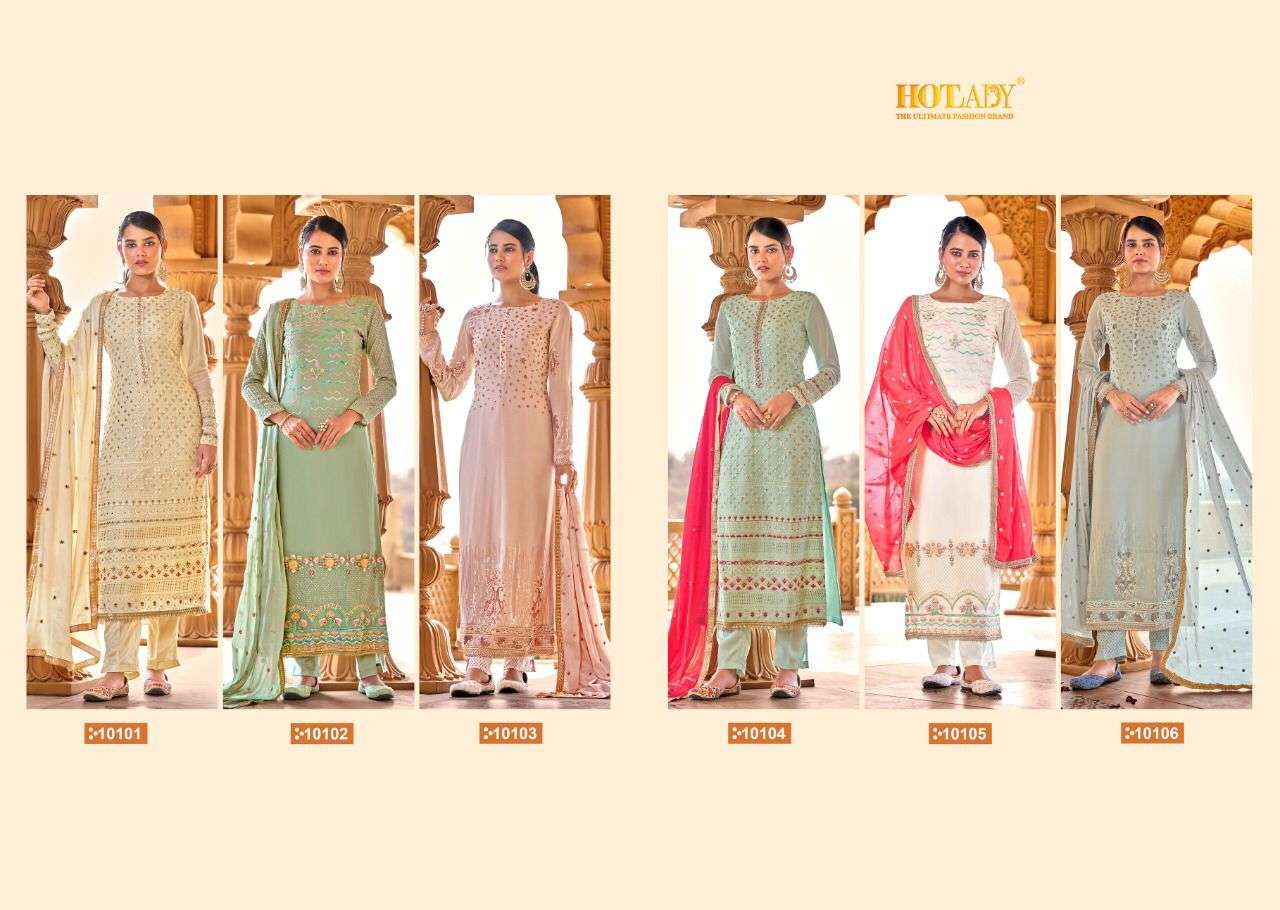 ALANKAAR 10101 SERIES BY HOT LADY 10101 TO 10106 SERIES BEAUTIFUL STYLISH SHARARA SUITS FANCY COLORFUL CASUAL WEAR & ETHNIC WEAR & READY TO WEAR VISCOSE GEORGETTE DRESSES AT WHOLESALE PRICE