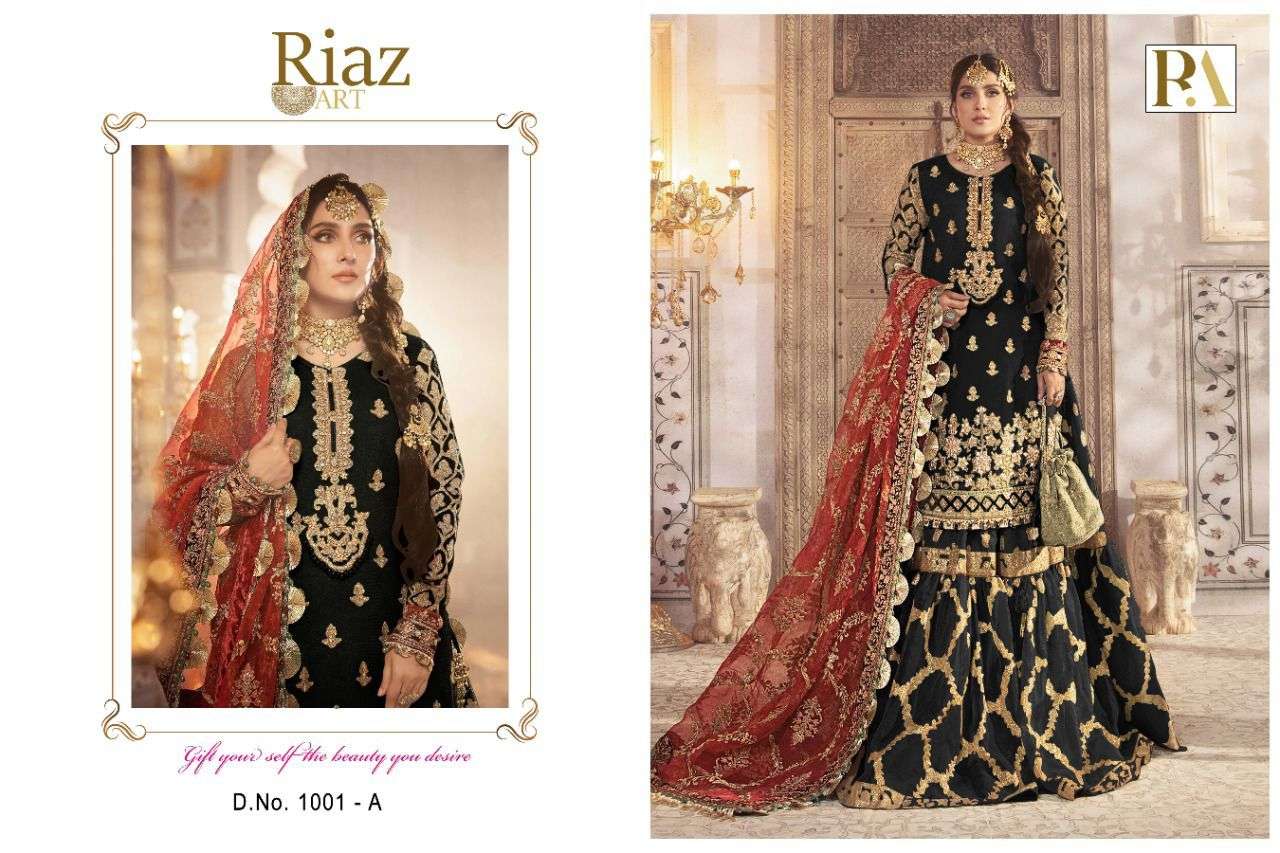 RIAZ 1001 COLOURS BY RIAZ ART 1001-A TO 1001-C SERIES BEAUTIFUL STYLISH PAKISTANI SUITS FANCY COLORFUL CASUAL WEAR & ETHNIC WEAR & READY TO WEAR ORGANZA EMBROIDERED DRESSES AT WHOLESALE PRICE